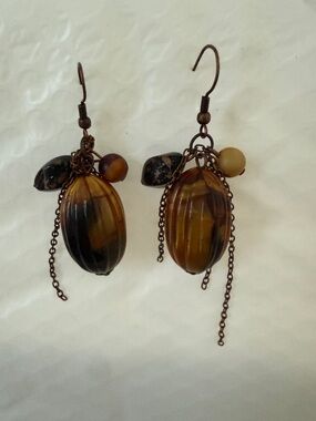 Amber Toned Dangle Earrings with Chain Accents